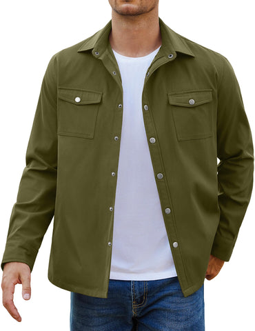 COOFANDY Mens Army Green Shirt Jacket Lightweight Work Coat Button Down Overshirt Fall Lapel Collar Shacket With Flap Pockets