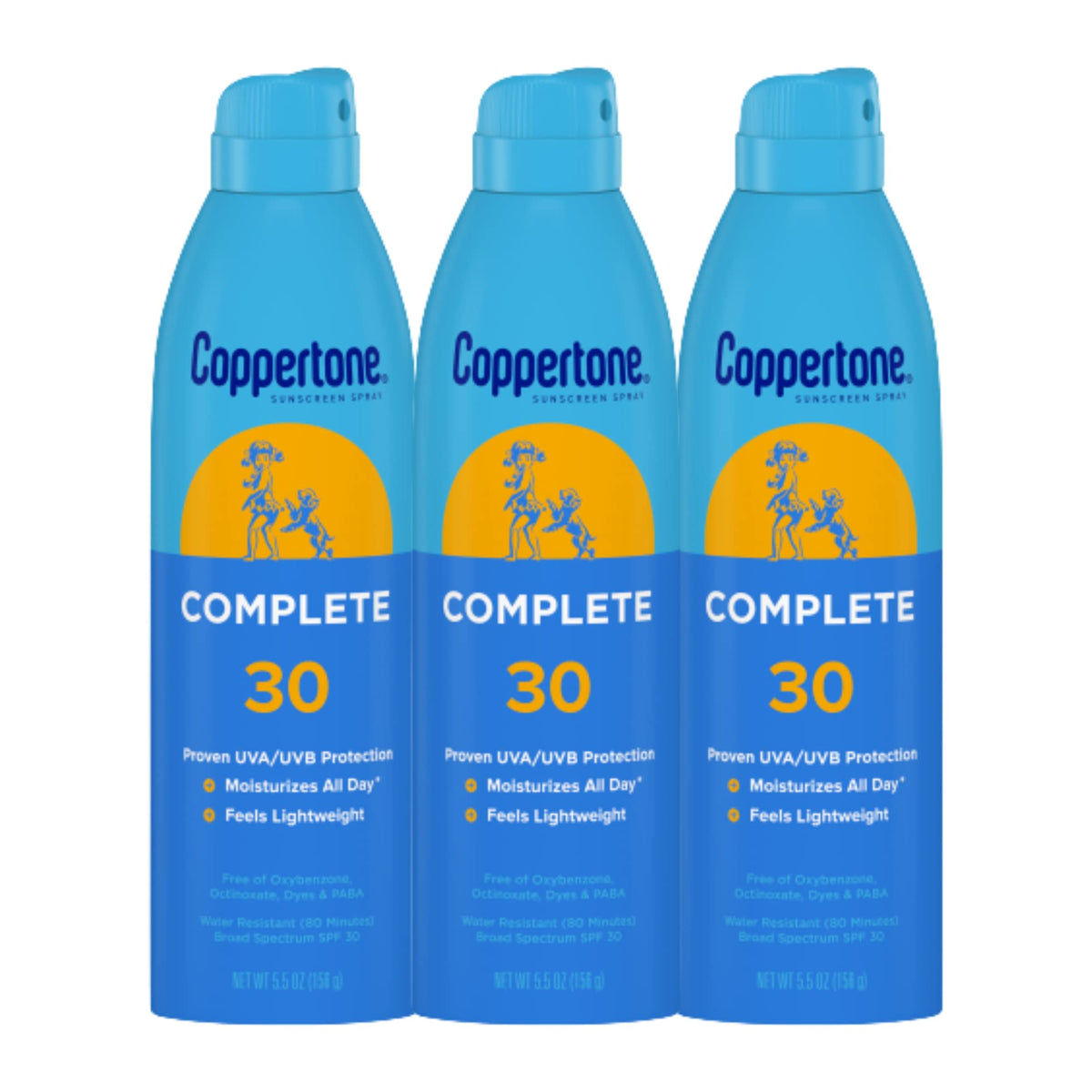 Coppertone COMPLETE SPF 30 Sunscreen Spray, Lightweight, Moisturizing Sunscreen Pack, Water Resistant Spray Sunscreen SPF 30, 5.5 Oz Spray, Pack of 3