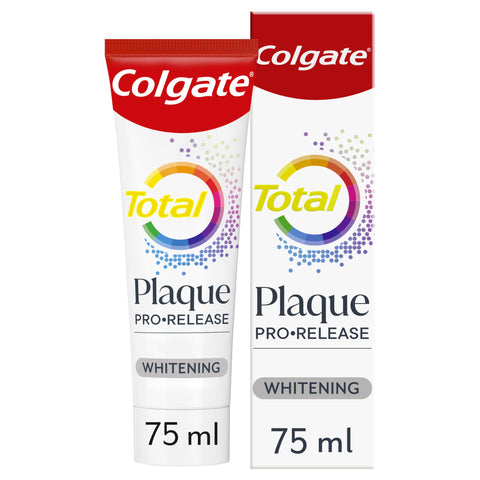 Colgate Total Plaque Pro-Release Whitening Toothpaste 75ml, dental plaque remover toothpaste, neutralises the harmful effect of bacterial plaque, dissolves and lifts away gum-harming plaque