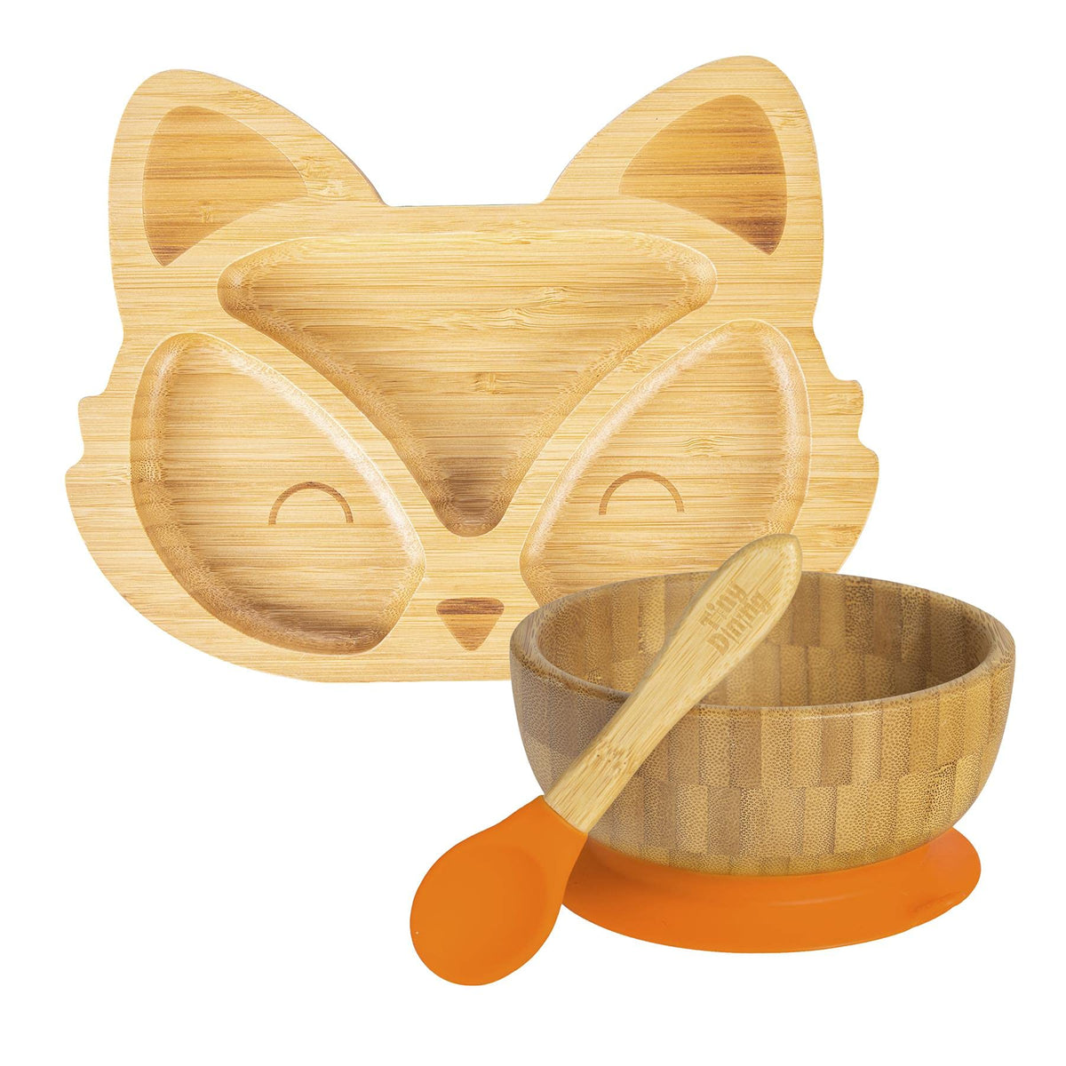 Tiny Dining Childrens Bamboo Suction Fox Dinner Set - Natural Fibre Baby Toddler Stay Put Segmented Feeding Dish - Orange