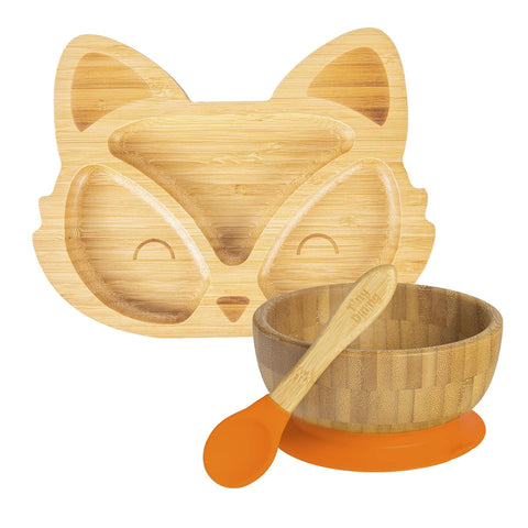 Tiny Dining Childrens Bamboo Suction Fox Dinner Set - Natural Fibre Baby Toddler Stay Put Segmented Feeding Dish - Orange
