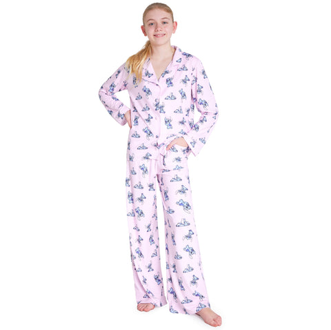 Disney Stitch Girls PJs for Kids Teenagers - 2 Piece Long Girls Pyjamas Breathable Lounge Wear 7-14 - Years Stitch Gifts (Pink, 9-10 Years)