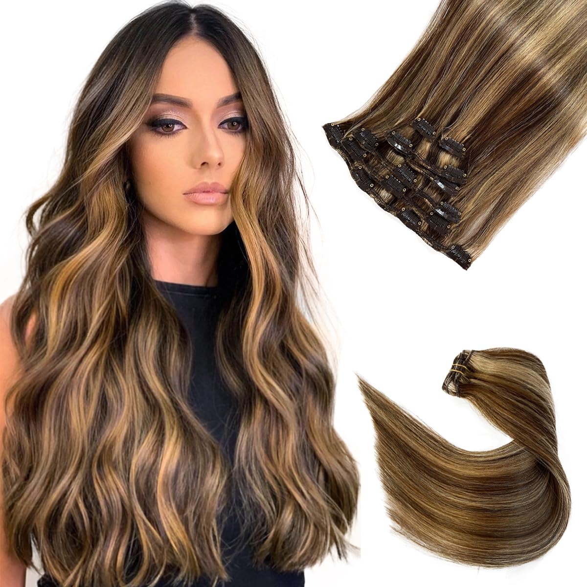 Clip in Hair Extensions Real Human Hair, Chocolate Brown to Caramel Blonde Highlights Real Hair Extensions Clip ins, 7 Pieces 70G Human Hair Extensions Clip in Human Hair Double Wefts 16 Inch