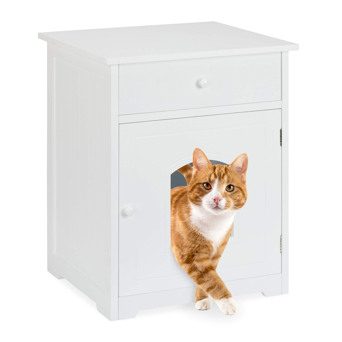 Relaxdays Cat Cabinet with Drawer, Wooden Cupboard Design, Litter Box, Pet House, H x W x D 63.5 x 52 x 48 cm, White