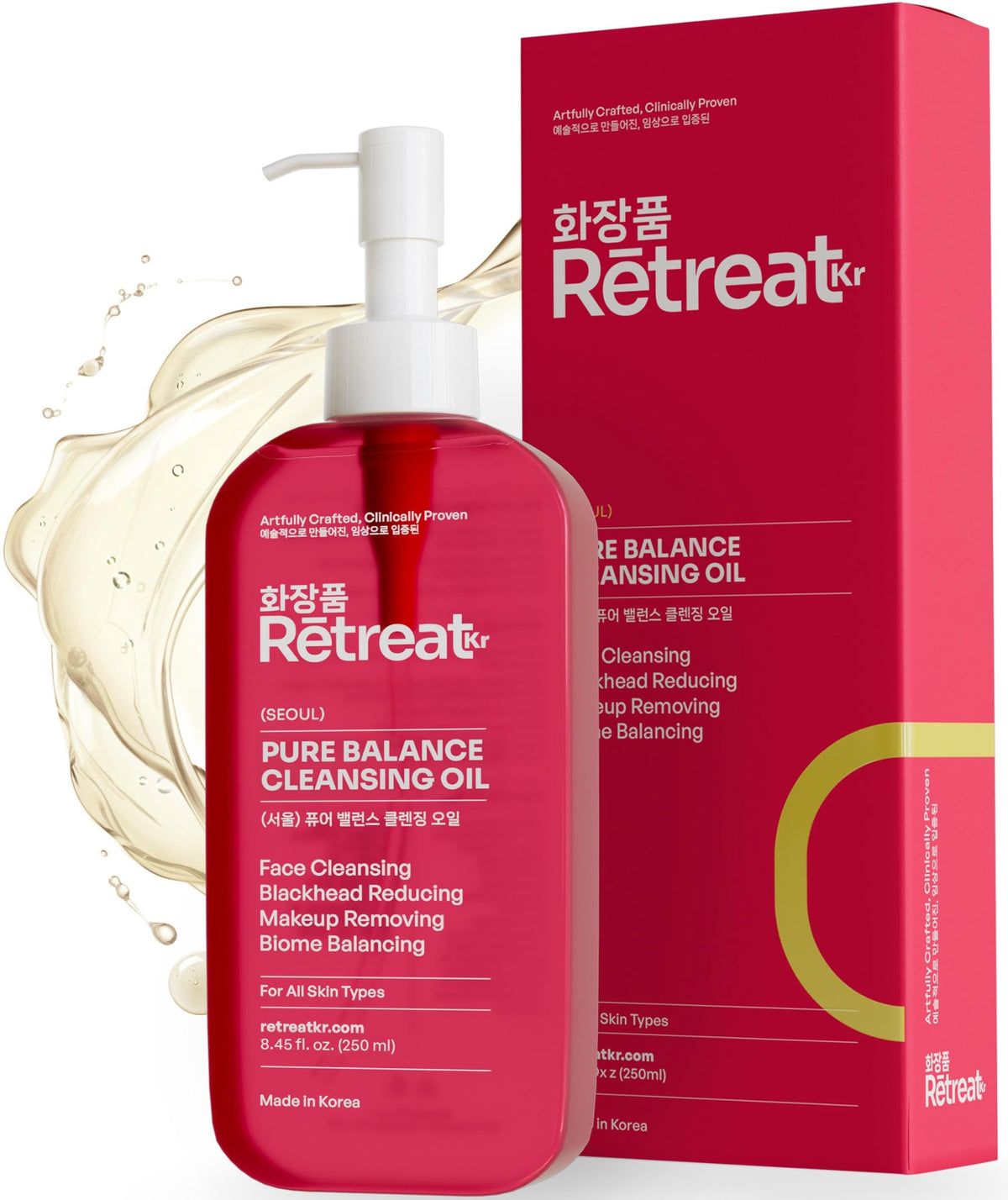 Retreat Kr Pure Balance Cleansing Oil, Korean Skin Care Daily Face Wash, Makeup and Blackhead Remover, Plant-Powered with Clinically Proven Results - Ideal for Sensitive & All Skin Types 8.45 fl.oz