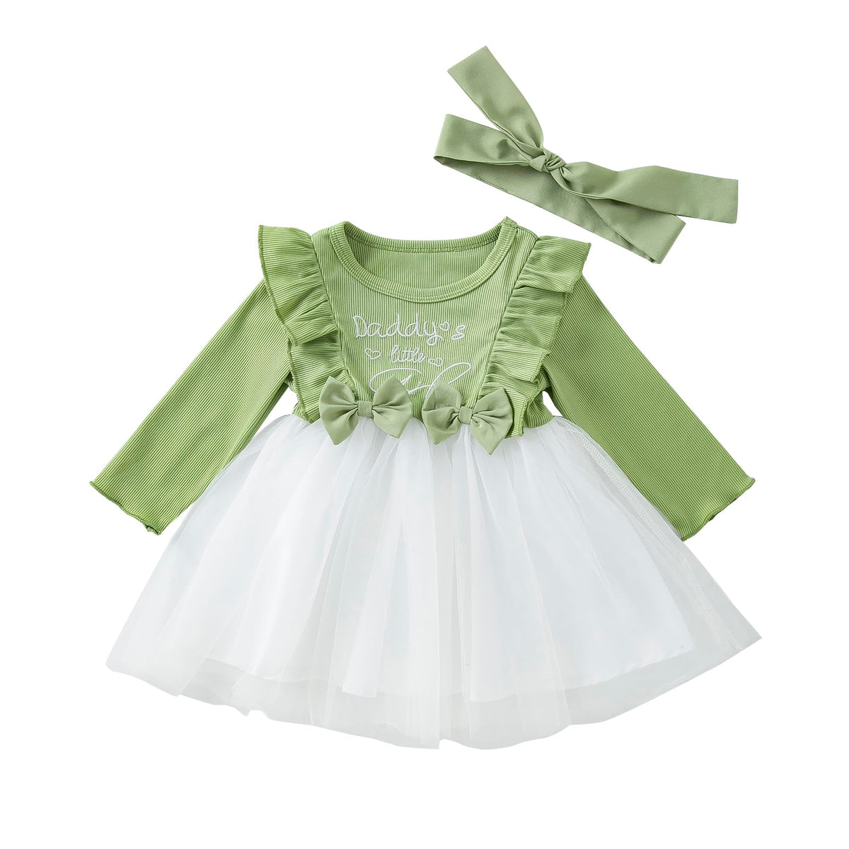 Toddler Girls Dress Daddys Little Girl Bow Ruffle Tulle Long Sleeve Infant Girl Clothes Cute Baby Tutu Skirt for 1-6 Years Green