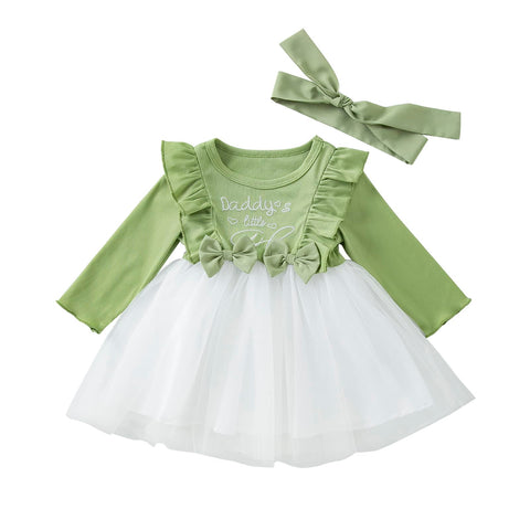 Toddler Girls Dress Daddys Little Girl Bow Ruffle Tulle Long Sleeve Infant Girl Clothes Cute Baby Tutu Skirt for 1-6 Years Green