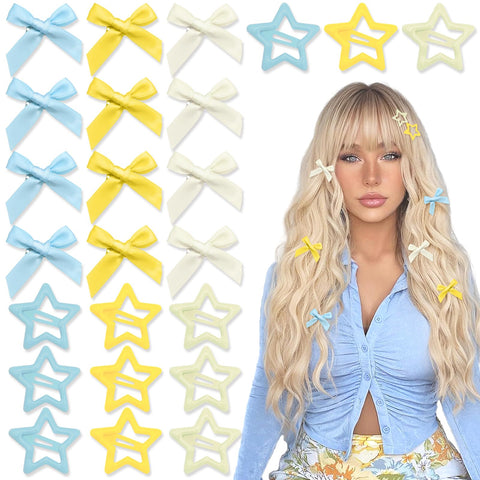 YAEISM 24PCS Mini Hair Bow Clips 3 Colors Satin Yellow Beige Blue Bows Clips Star Hair Clips Y2K Kawaii Bow Hair Accessories Cute Snap Star Barrettes Small Hair Ribbons for Girls Women