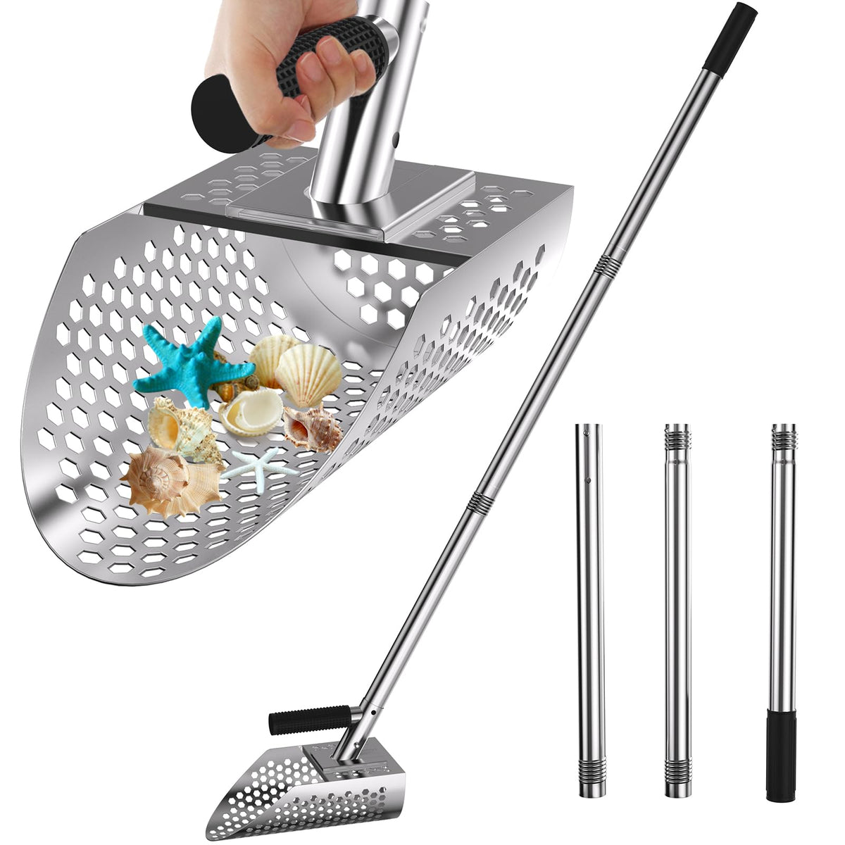 Ganggend Long Handle Sand Scoop, Stainless Steel Beach Scoop Shovel for Metal Detecting, Rust-Proof Metal Detector Sand Scoop with Long Handle for Treasure Hunting, Hexahedron 8mm Hole