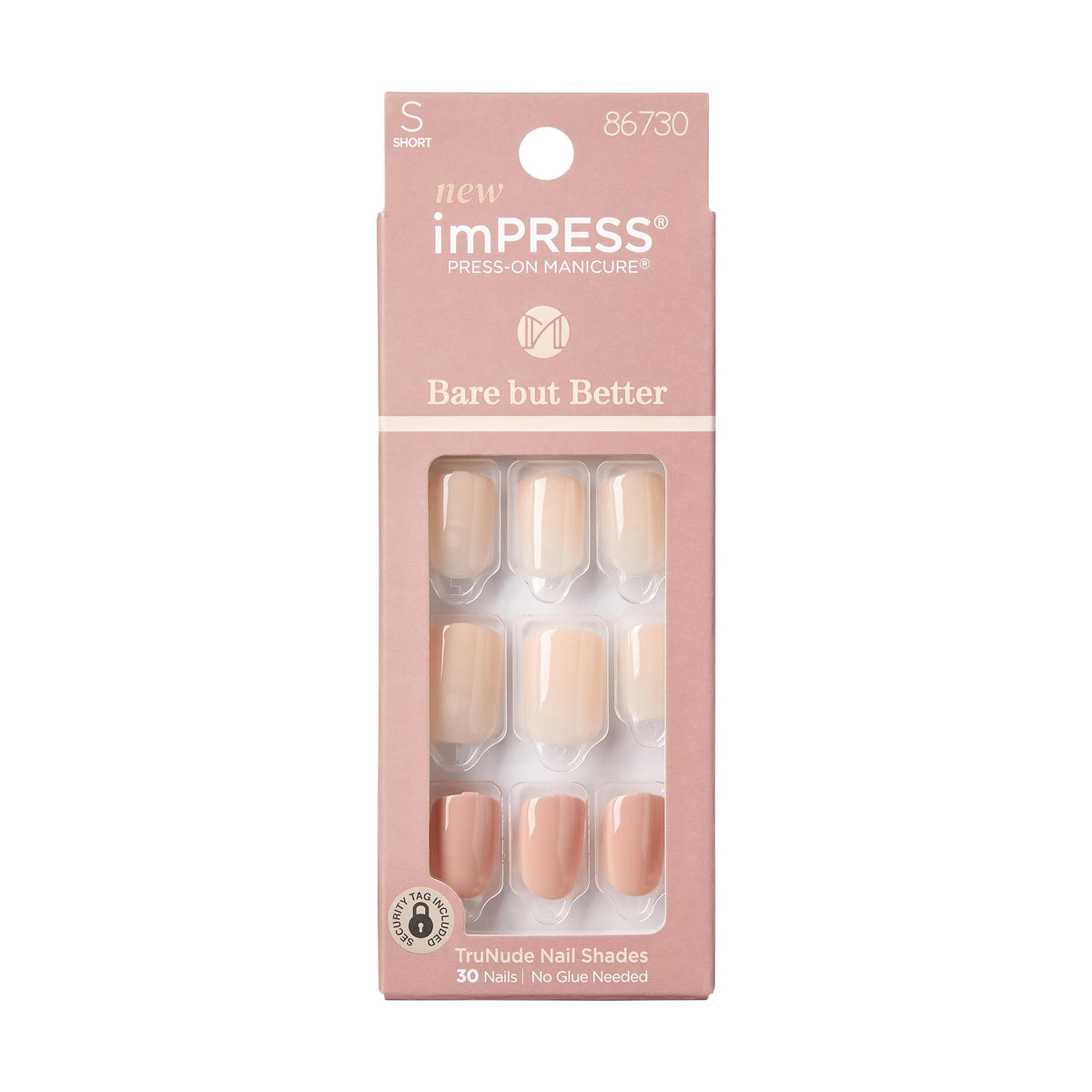 KISS imPRESS No Glue Mani Press On Nails, Bare But Better, 'Simple Pleasure', Nude, Short Size, Squoval Shape, Includes 30 Nails, Prep Pad, Instructions Sheet, 1 Manicure Stick, 1 Mini File