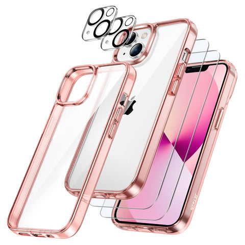 JETech 5 in 1 Case for iPhone 13 Mini 5.4-Inch, with 2-Pack Screen Protector and Camera Lens Protector, Non-Yellowing Shockproof Bumper Phone Cover, Full Coverage Tempered Glass Film (Rose Gold)