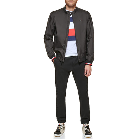 Tommy Hilfiger Men's Lightweight Varsity Rib Knit Bomber Jacket, Black Poly, Large