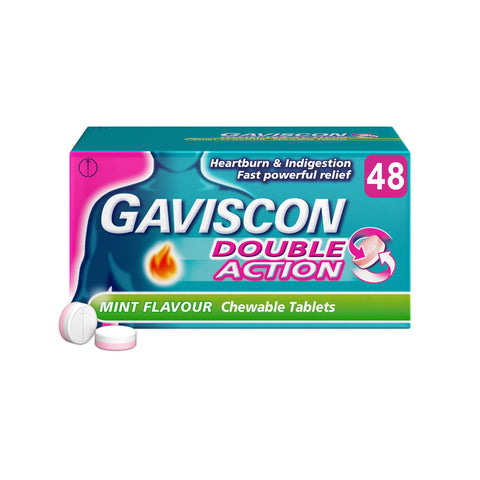 Gaviscon Double Action Tablets, Mint Flavour, 48 Tablets, Indigestion and Heartburn Relief, Indigestion Tablets, Acid Reflux Tablets, Antacid Tablets, Gets To Work Instantly, Lasts 2X Longer, Antacids