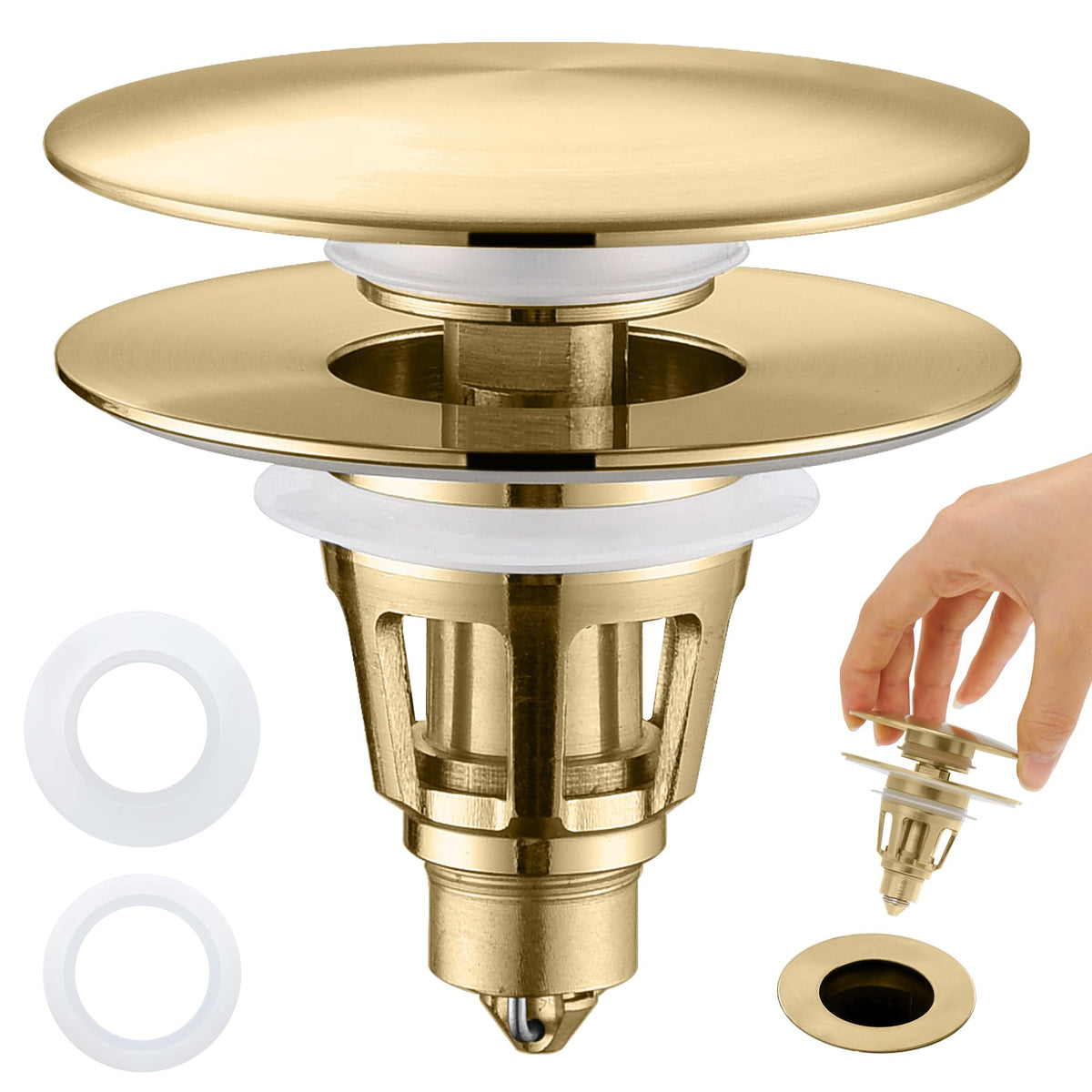 ???????????????? Universal Bathroom Sink Stopper - Pop Up Sink Drain Stopper, Push Button Flixfilter Sink Drain Stopper Replacement, Wash Basin Drain Filter Plug Anti-Clogging Basket, Brushed Gold