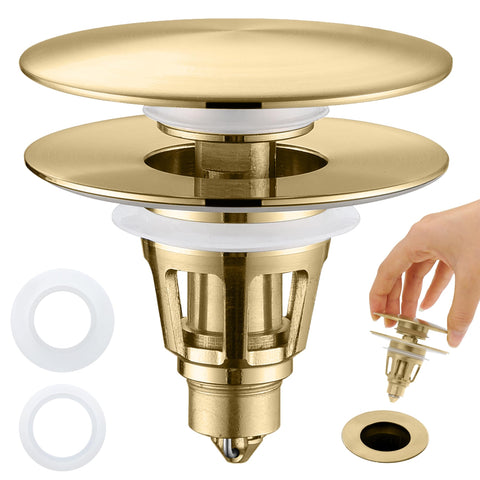 ???????????????? Universal Bathroom Sink Stopper - Pop Up Sink Drain Stopper, Push Button Flixfilter Sink Drain Stopper Replacement, Wash Basin Drain Filter Plug Anti-Clogging Basket, Brushed Gold