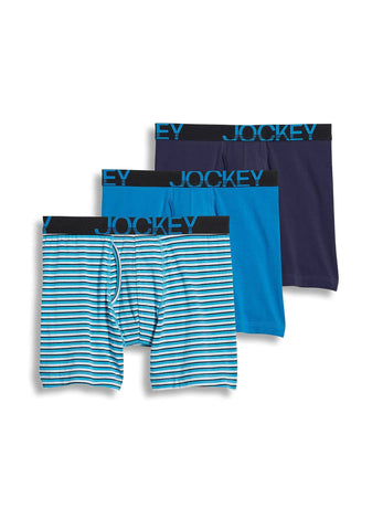 Jockey Men's Underwear ActiveStretch 7" Long Leg Boxer Brief - 3 Pack, True Navy/Blue Stripe/Turquoise Gem, XL