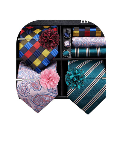 Dubulle Lot 3 PCS Classic Men's Silk Tie Set Paisley Stripe Necktie for Men Pocket Square Gift Box Multiple Sets,Red Black Pinks