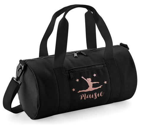 Personalised Gymnastics Bag for Girls Black Gym Kit Glitter Barrel Bags Dance Shoes Holdall Kids Back to School Accessories Custom Name Gift for Her (Black-Rose-Metallic)