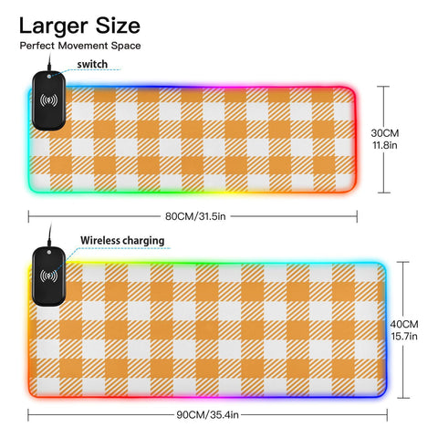 Buffalo Plaid Orange Wireless Charging Mouse Pad for Mobile Phone Extra Large Gaming Mousepad with 13 Lighting Modes Extended Desk Mat for Gaming MacBook PC Laptop Desk Office Home