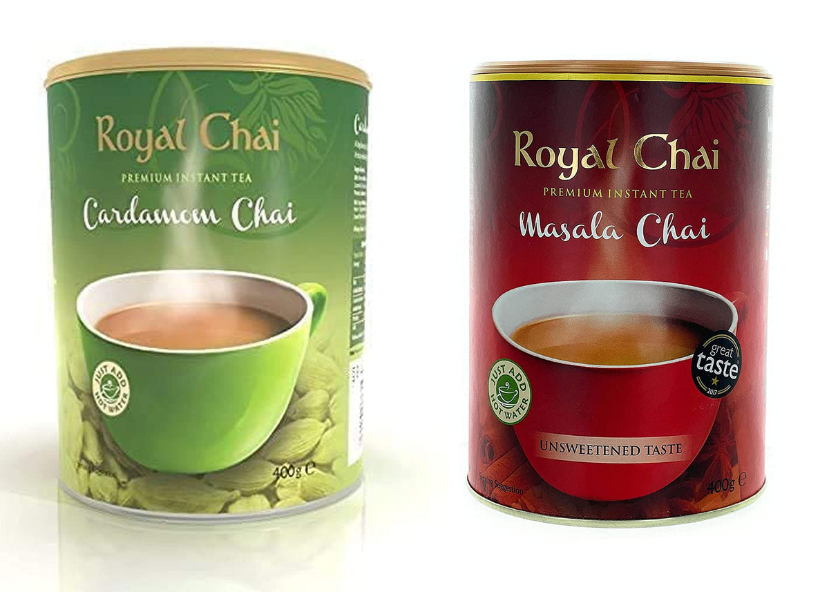 Royal Chai Cardamom Unsweetened 400g and Masala Unsweetened 400g - Premium Instant natural Tea