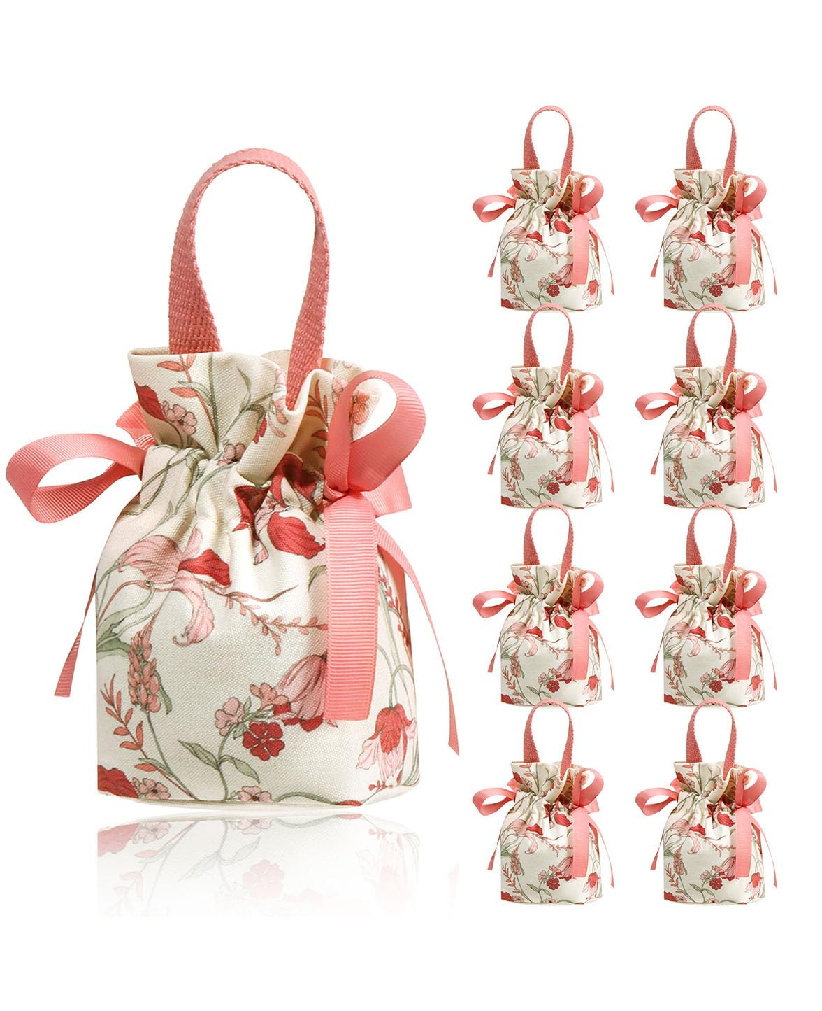 Liobelon 8 Pieces Floral Small Gift Bags with Handles 5.5 x 3.7 x 2.3'' Canvas Small Candy Bag Tea Party Favor Bags Wedding Favors Candy Boxes for Party, Baby Shower,Bridal Shower (pink)