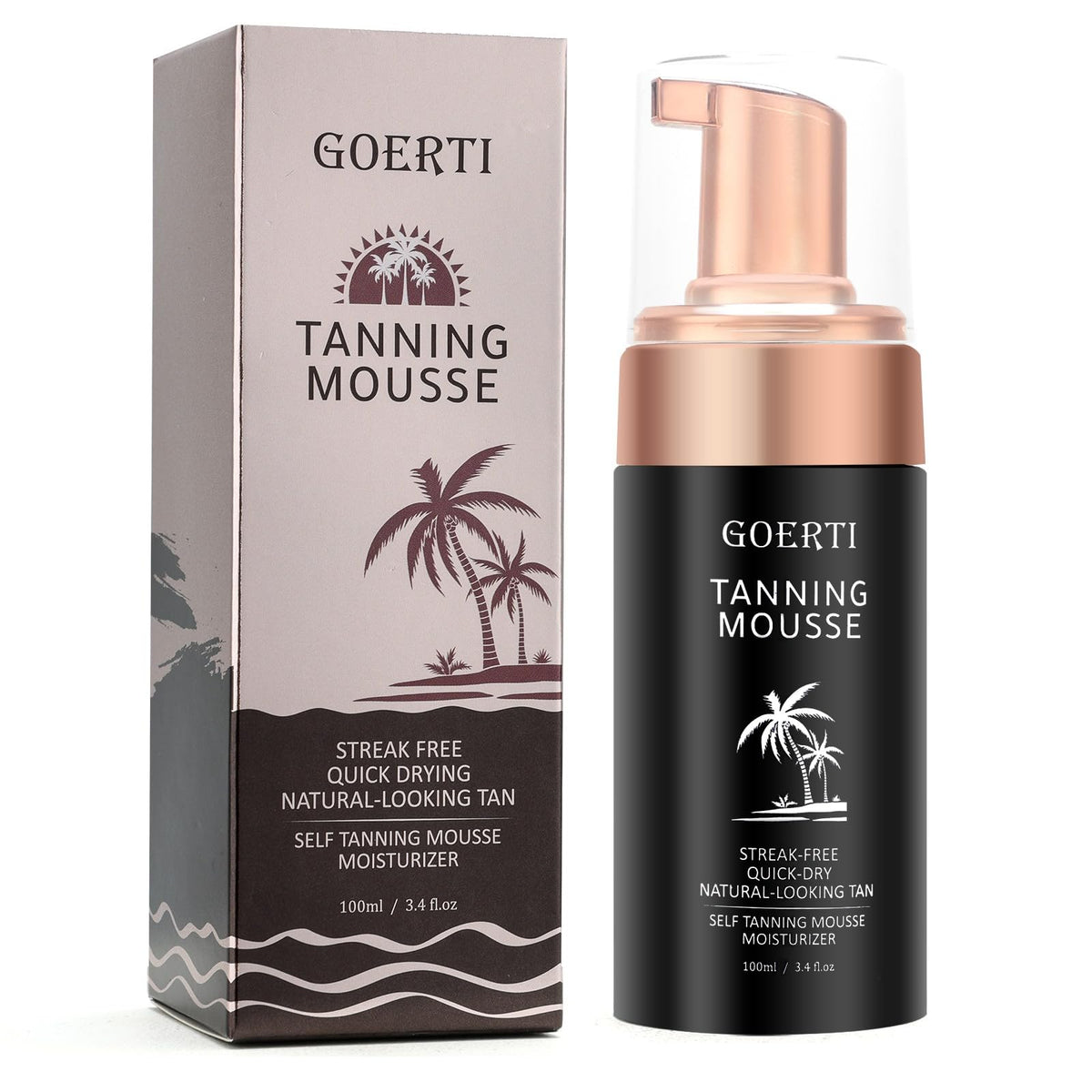 Self Tanning Mousse - GOERTI Fake Tan Self Tanner Mousse Foam for Fair to Medium Skin, Sunless Tanning Tan for Body and Face Tanner, Coconut Scented Self Tan, 100ml, 3.4fl.oz (Mousse)