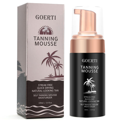 Self Tanning Mousse - GOERTI Fake Tan Self Tanner Mousse Foam for Fair to Medium Skin, Sunless Tanning Tan for Body and Face Tanner, Coconut Scented Self Tan, 100ml, 3.4fl.oz (Mousse)