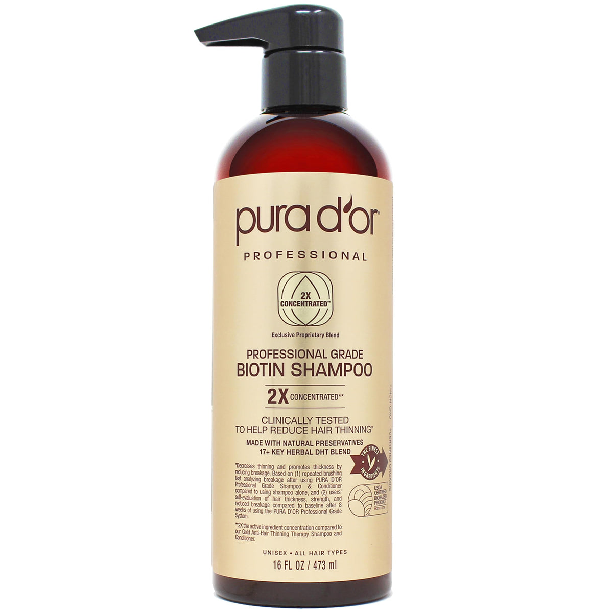 PURA D'OR Professional Grade Thickening Shampoo Clinically Tested Hair Thinning Therapy Super Concentrated for Maximum Results, Sulfate Free Natural & Organic Ingredients, Men & Women, 473 ml