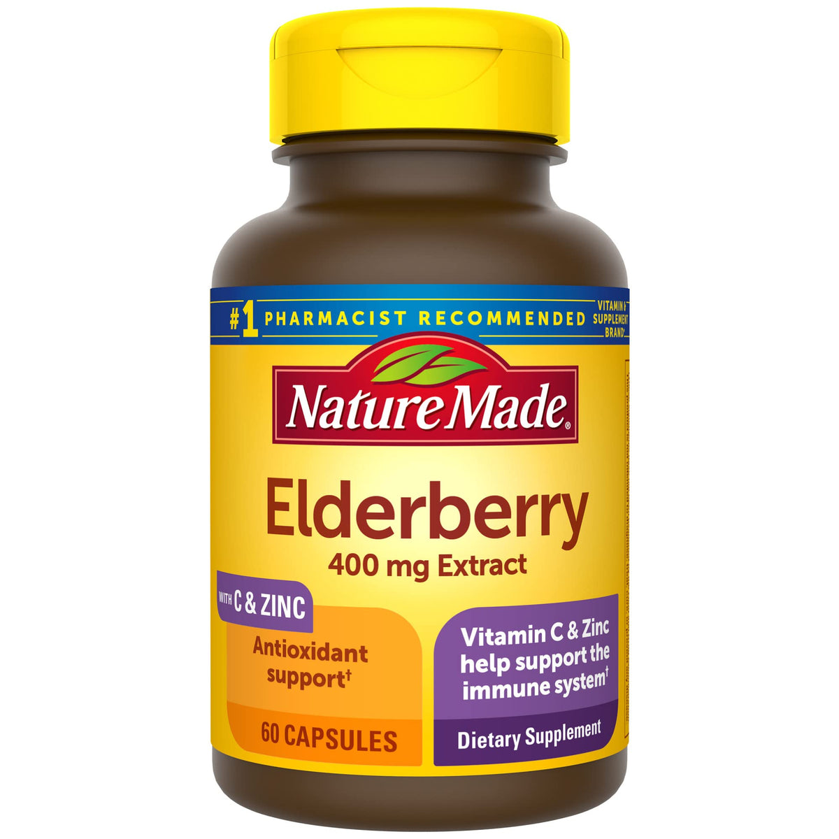 Nature Made Elderberry 400 mg Extract with Vitamin C and Zinc, Dietary Supplement for Immune Support, 60 Capsules, 60 Day Supply