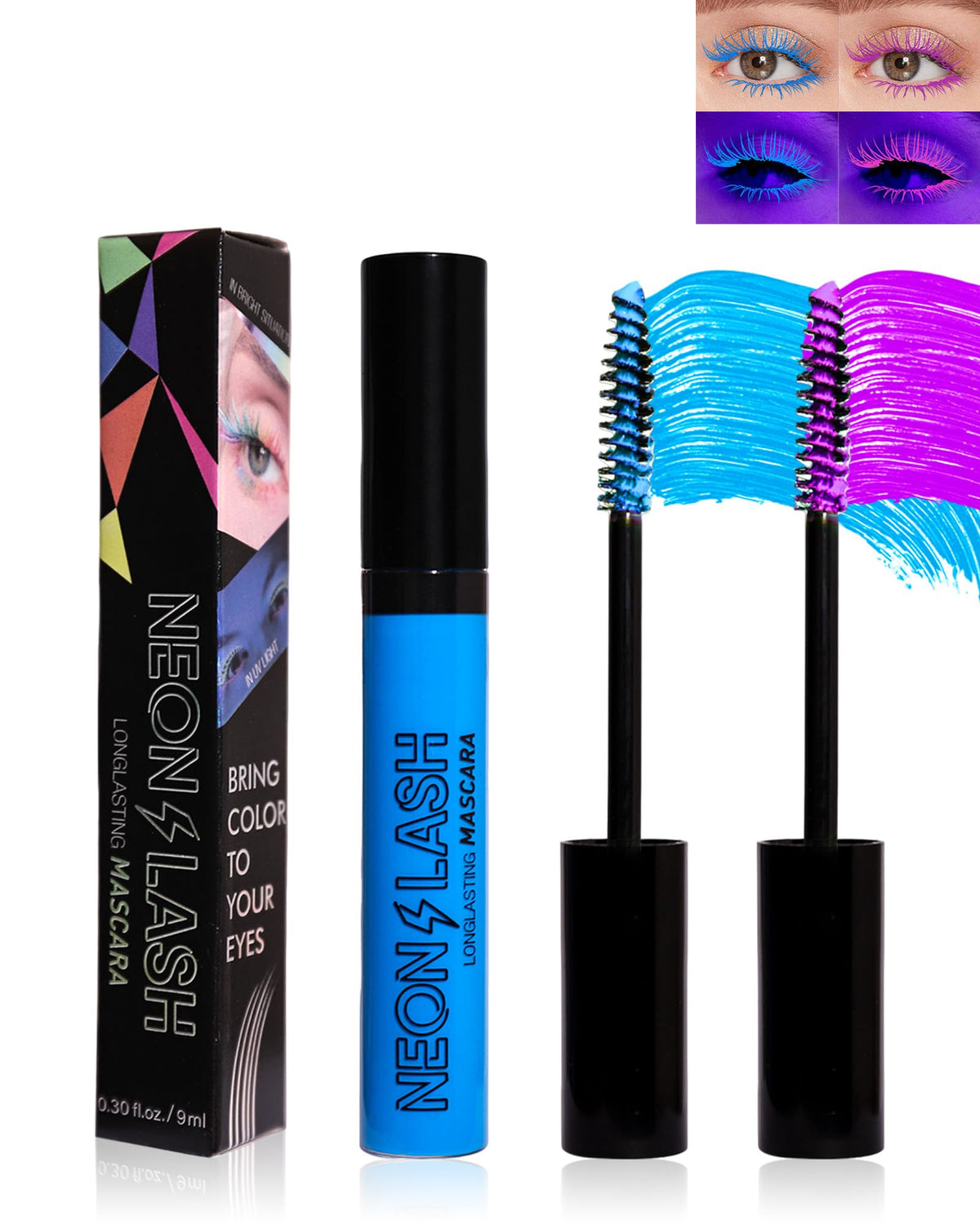 Neon Mascara for Eyelashes-2Pcs UV Glow Blacklight Colored Mascara Volume and Length, Waterproof Smudge-proof Long Lasting Non Clumping Colorful Mascara for Halloween Christmas Parties(Blue+Purple)
