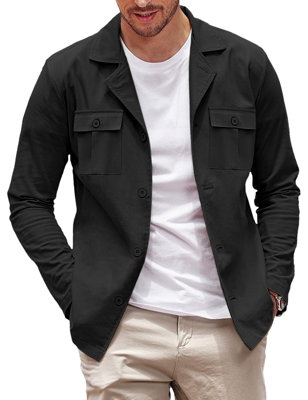 COOFANDY Men's Button Down Shirts Jacket Casual Long Sleeve Shacket Linen Overshirt with Pockets