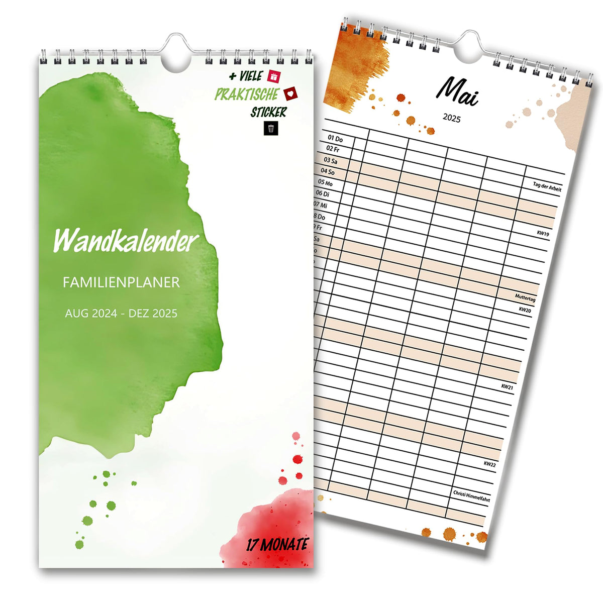 Family Calendar 2025 - Family Planner August 24 - December 25 - Calendar 2024/25 - Wall Calendar with 5 Column Sticker - Wall Planner - Year Calendar 23 x 43 cm