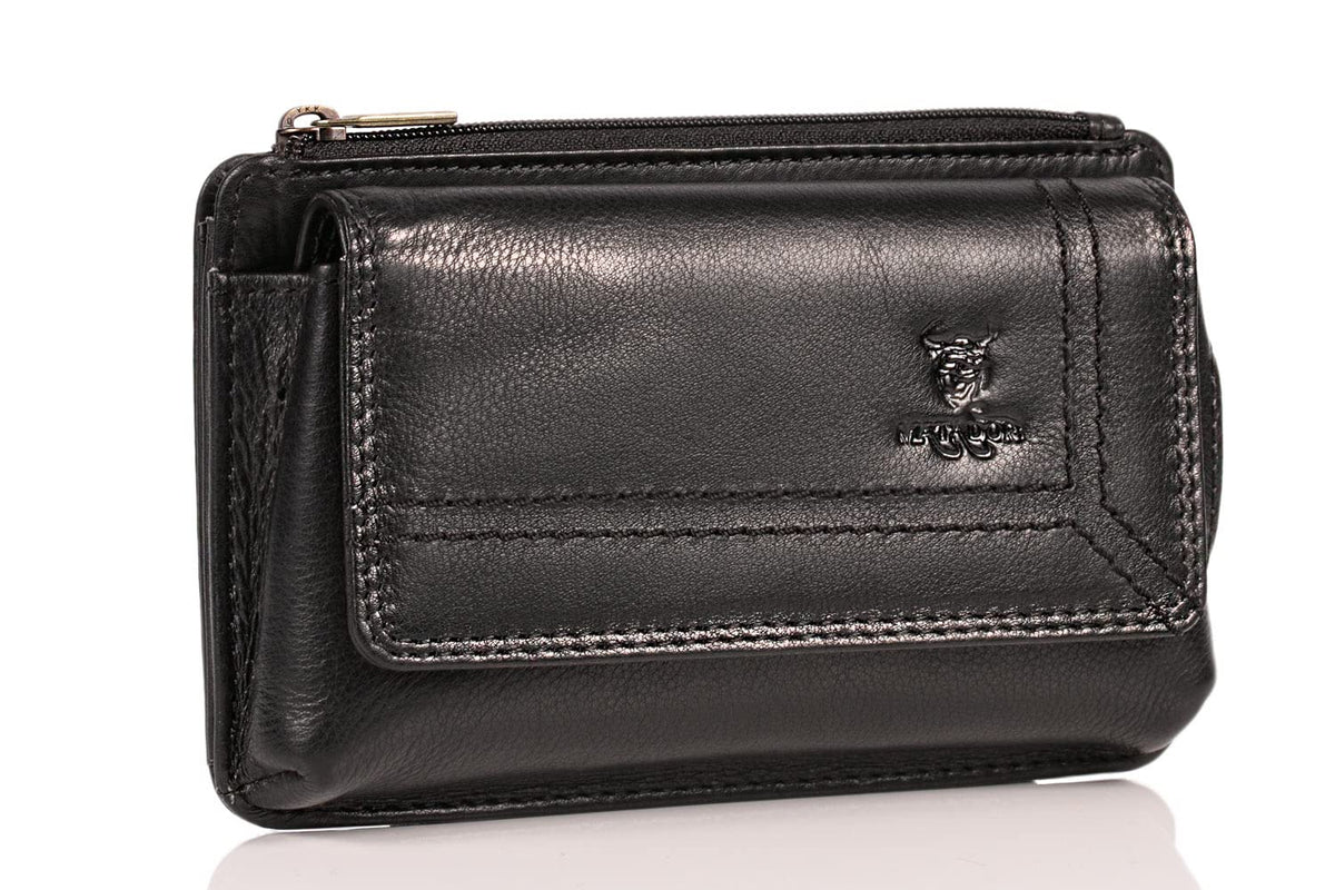 MATADOR Belt Bag Genuine Leather Belt Loop Horizontal Case RFID Protection Card Slots Mobile Phone Case up to 6.1 Inch YKK Zip (Black)