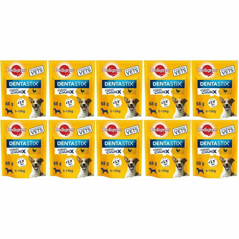 Pedigree Dentastix Chewy Chunx Mini Dog Treat Chicken Flavour. Pack of 10x 68g (2 Boxes). Helps clean dogs teeth.