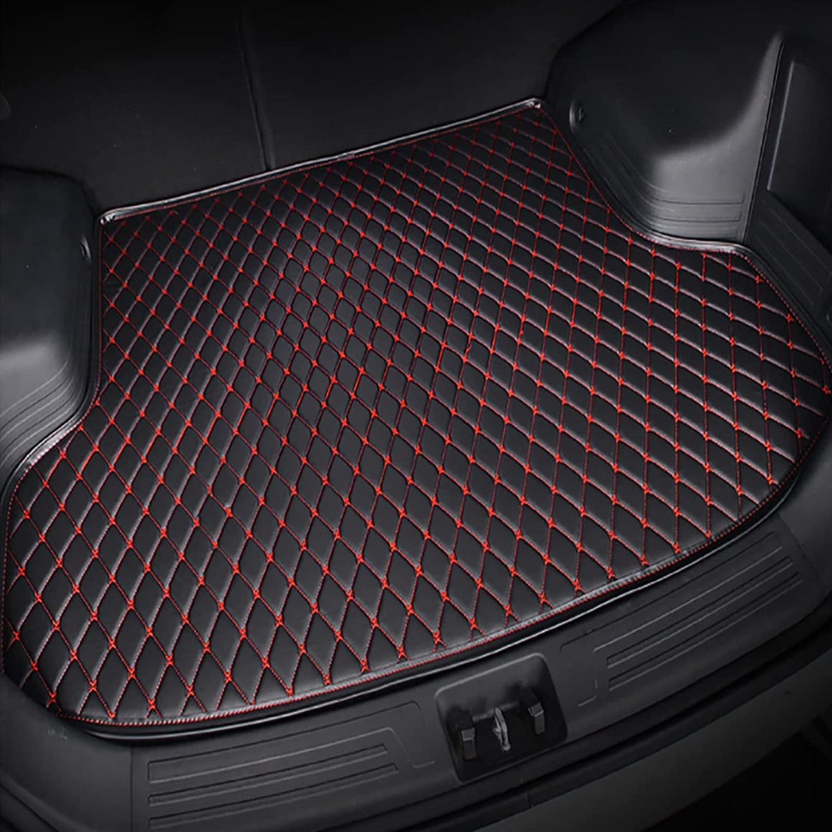 Car Leather Boot Liner Mats for BMW X1 F48 2015-2023, Tailored Rear Trunk Carpet Luggage Mat Cargo Tray Protector Liners Anti-Scratch Pad Auto Interior Accessories,C/Black-Red