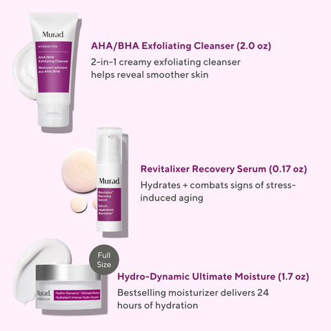 Murad The 24-Hour Hydrators - 3-Piece Set ($112 value) - AHA/BHA Facial Cleanser 2Oz, Revitalixer Recovery Serum 0.17Oz, & Hydro Dynamic Moisturizer 1.7Oz