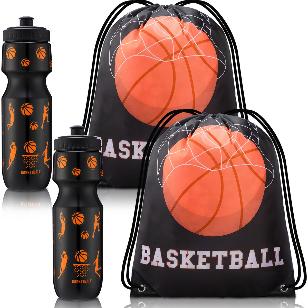 Talltalk 4 Pcs Basketball Party Favors 24 oz Basketball Water Bottle Gift for Basketball Team with Drawstring Bag Basketball Tumbler Cup Sports Themed Accessories for Events Gift Supplies
