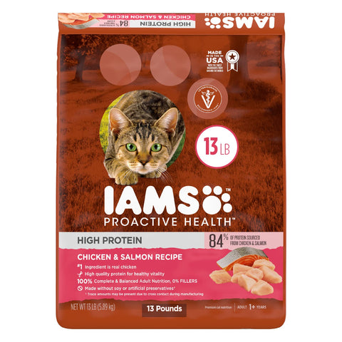 IAMS PROACTIVE HEALTH High Protein Adult Dry Cat Food with Chicken & Salmon Cat Kibble, 13 lb. Bag