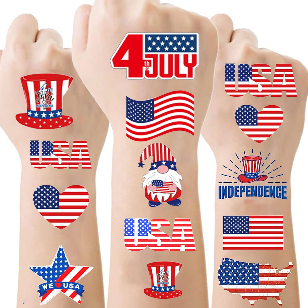 4 of July Tattoo- 160Pcs Independence Day Tattoo Sticker July 4 Temporary Tattoos Sticker Decal National Flag Hats Heart Star Design for Kids Adult Fake Body Decal Independence Day Party Favor Supplies Gift Decoration 10 sheets