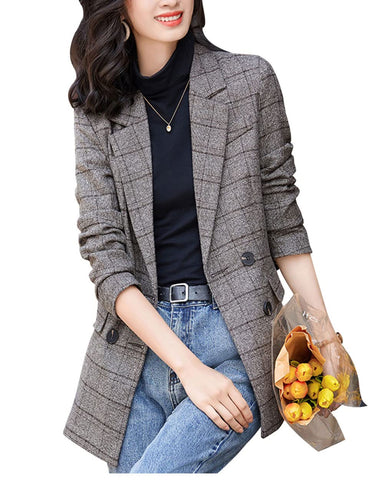 ebossy Women's Notch Lapel 2 Button Boyfriend Blazer Suit Houndstooth Plaid Jacket Coat (Small, Y-Coffee)