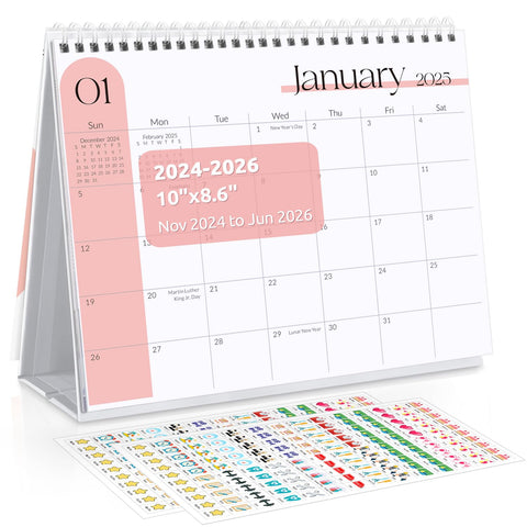 SKYDUE Desk Calendar 2025-2026, Nov 2024 to Jun 2026 20 Months Small Desk Calendar with Planner Stickers, 10" x 8" Desktop Calendar Planner, Minimalist