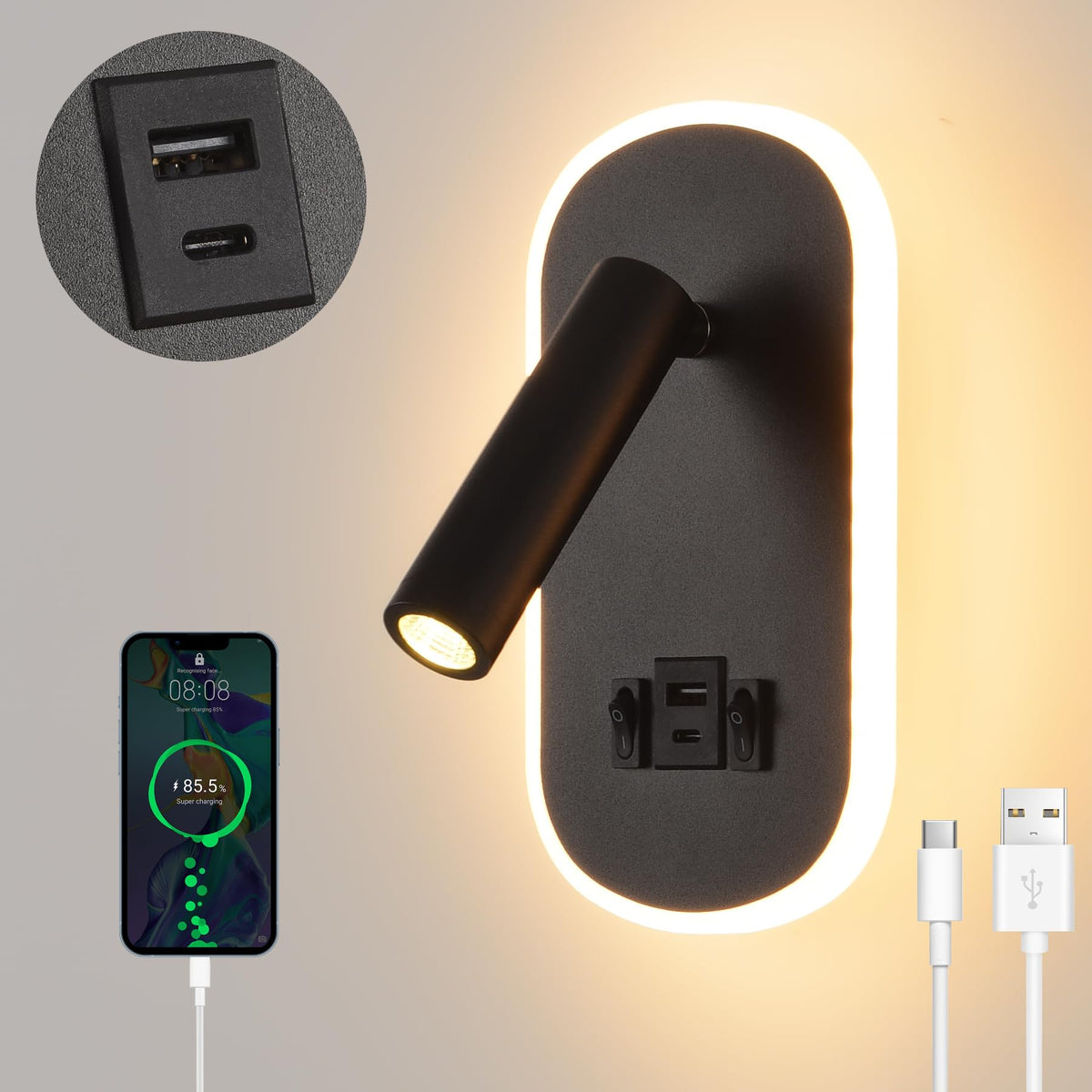 LED Bedside Reading Light, Wall Light with Switch, USB + Type C Charging Port Wall Light, 3W 3000K + 9W 6000K Bedroom Mood Lighting, Adjustable Spot Reading Lamp (Black)