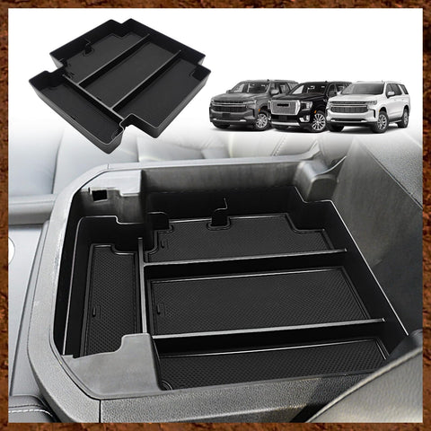 Muslogy for 2021-2024 Sliding Console Yukon Tahoe Suburban Center Console Organizer Armrest Storage Tray Compatible with GMC Yukon Chevy Tahoe Suburban Fit for Power Sliding Console (Black)