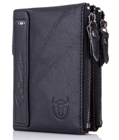 BULLCAPTAIN Genuine Leather Wallet for Men Vintage Bifold Double Zipper Coin Purse, Black, 4.7"x1.2"x3.7"(HxWxL), Casual