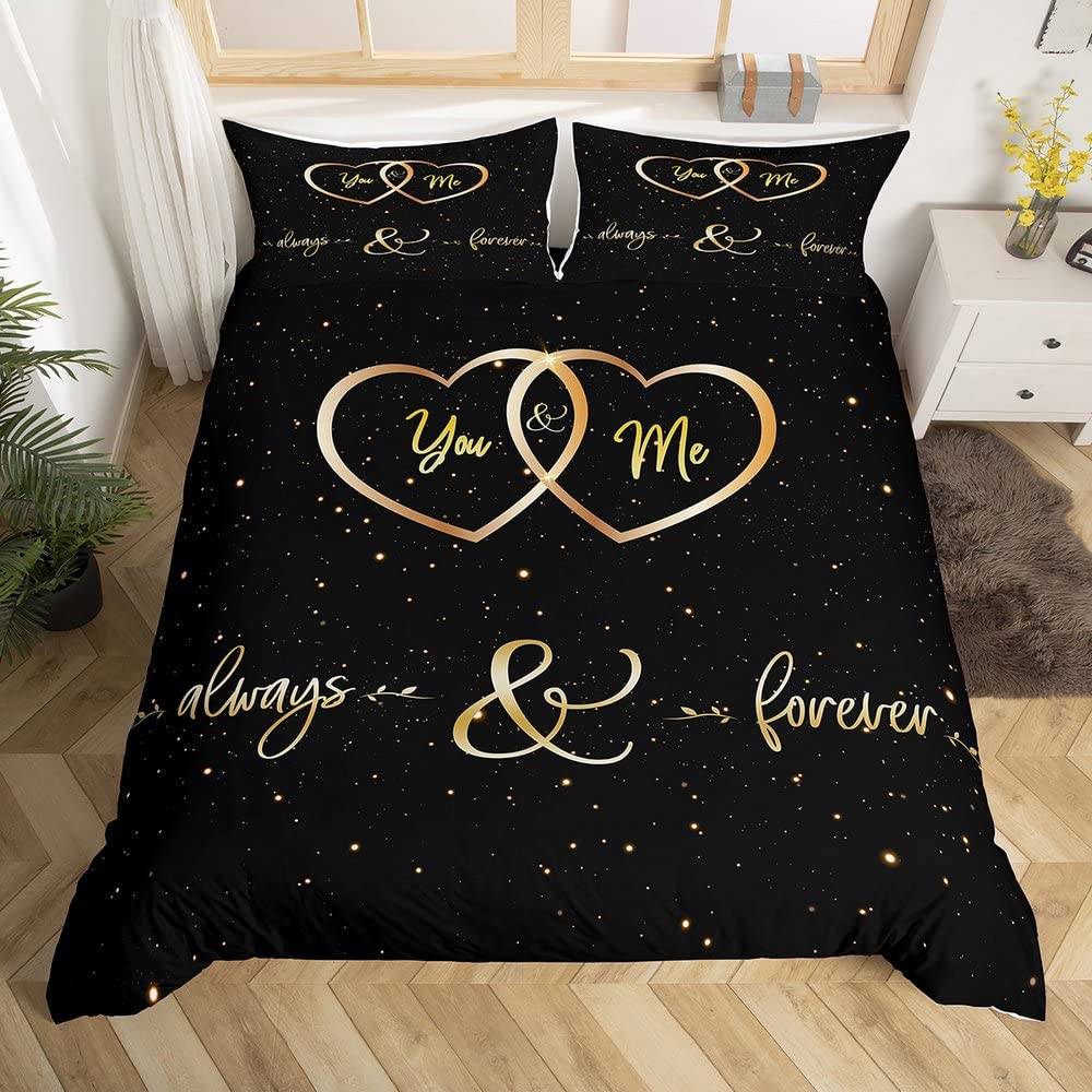 Mr Mrs Bedding Set You and Me Comforter Cover for Couple Lover His and Her duvet Funny Quotes Duvet Cover Gold and Black Romantic Wedding Breathable Bedspread Cover Double Size