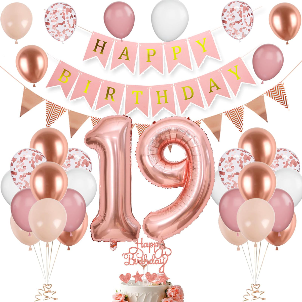 19th Birthday Decorations for Girls,19th Birthday Balloons with Number 19 Foil Balloon Rose Gold Pink and White Balloons with Happy Birthday Banner Birthday Cake Topper for 19th Party Decoration