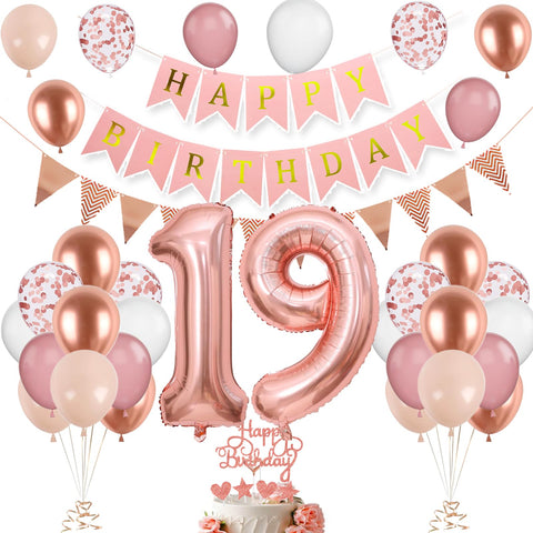 19th Birthday Decorations for Girls,19th Birthday Balloons with Number 19 Foil Balloon Rose Gold Pink and White Balloons with Happy Birthday Banner Birthday Cake Topper for 19th Party Decoration
