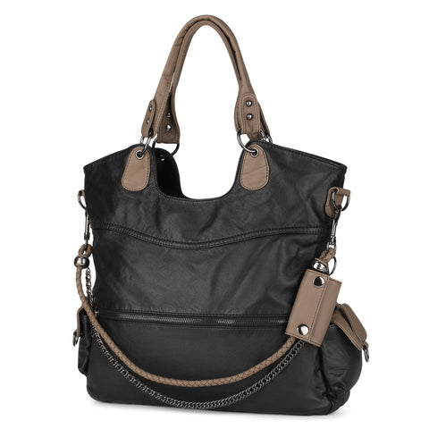 VINBAGGE Leather Ladies Bags Washed Vegan Leather bags for Women Large Capacity Multiple Pockets Cross Body Shoulder bags,Tote Purse Black