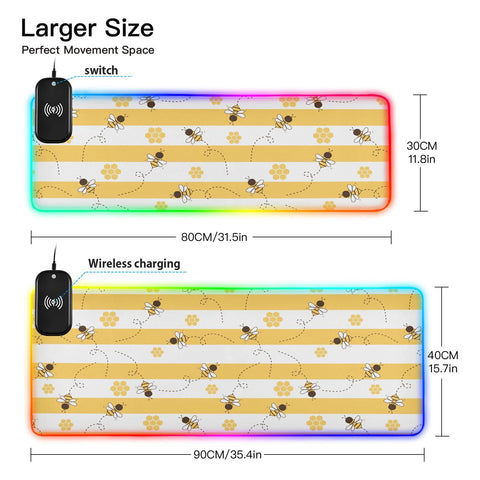 Bee Honey Stripe Wireless Charging Mouse Pad for Mobile Phone Extra Large Gaming Mousepad with 13 Lighting Modes Extended Desk Mat for Office Home Gaming MacBook PC Laptop Desk
