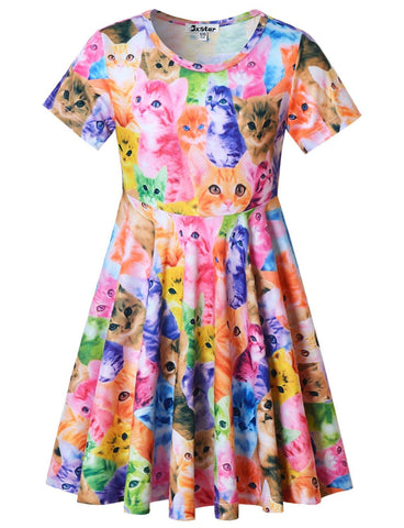 Toddler Girls Cat Dresses Short Sleeve Summer Sun Party Dress Kid 3t 4t